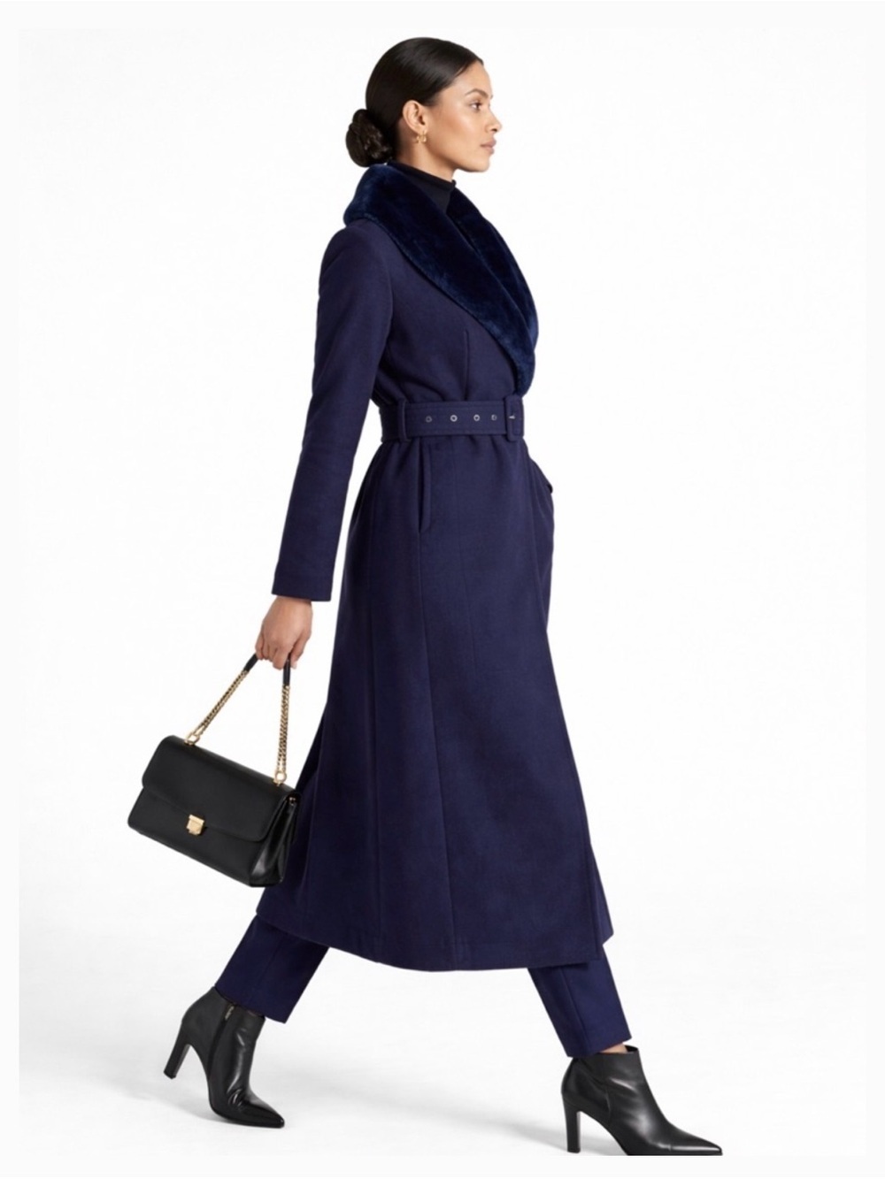 naked wardrobe Navy Long Belted Trench Coat with Faux Fur Collar